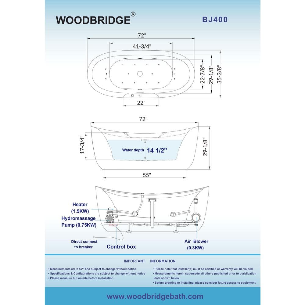 72" White Acrylic Freestanding Heated Soaking Bathtub
