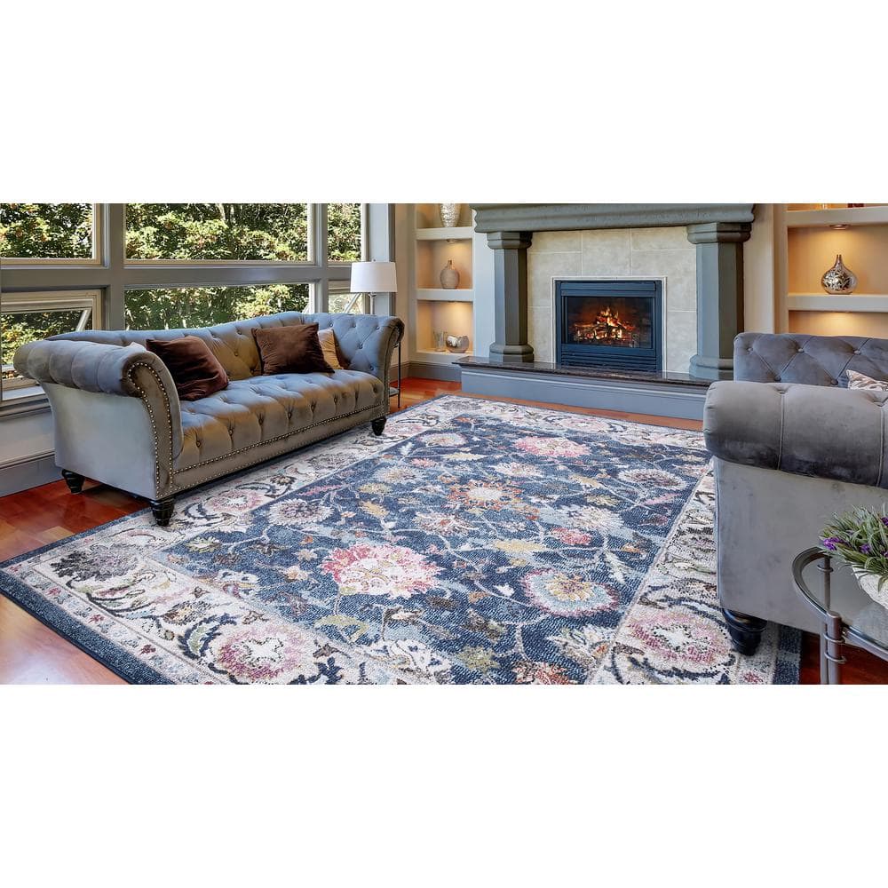 Vintage Navy Blue Polypropylene Border Runner Rug, 2' x 7'