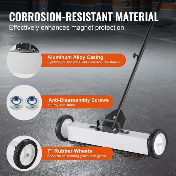 50 Lbs. Rolling Magnetic Sweeper with Wheels, Push-Type Magnetic Pick Up Sweeper, 24-in. Large Magnet Pickup