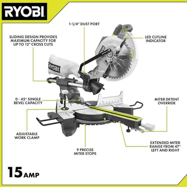 RYOBI 1003853453 15 Amp 10 in. Corded Sliding Compound Miter Saw with LED Cutline Indicator - 3