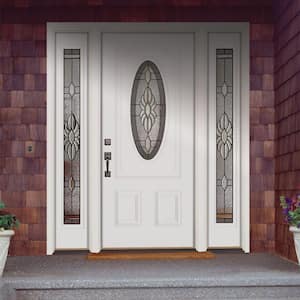 67.5 in.x81.625 in. Sapphire Patina 3/4 Oval Lite Unfinished Smooth Left-Hand Fiberglass Prehung Front Door w/Sidelites
