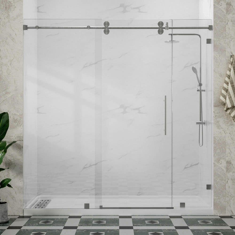 "VestaX 72 to 75 in. W x 76 in. H Single Sliding Frameless Shower Door in Brushed Nickel with 3/8"" Clear Glass" price history on PriceWatchPro