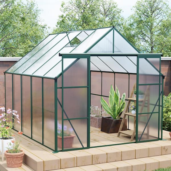 8x10 ft. Green Polycarbonate Walk-in Greenhouse, Aluminum Frame Double Door for All Seasons Outdoor