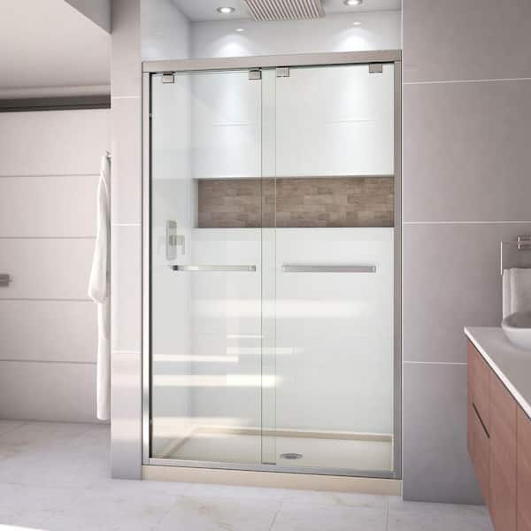 DreamLine Encore 32 in. D x 48 in. W x 78.75 in. H Semi-Frameless Sliding Shower Door in Brushed Nickel with Biscuit Base