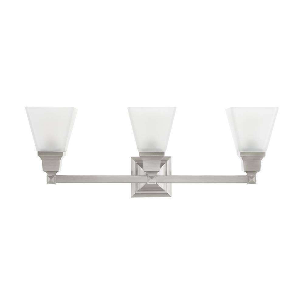 Brushed Nickel 3-Light Bathroom Vanity with Satin Glass Shades