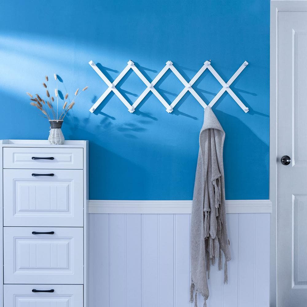 White Accordion Wall Hanger, Expandable Wall Mounted Coat Rack with 14-Pegs