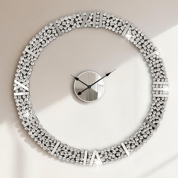 Silver Crystal-Embedded Round Wall Clock with Foldable Frame