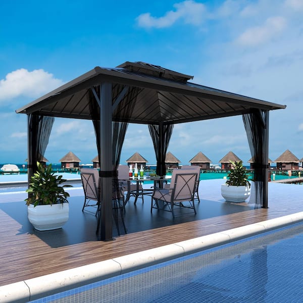 12 ft. W x 12 ft. D Aluminum Hardtop Gazebo with Galvanized Double Roof and Textilene Netting