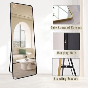 20 in. W x 64 in. H Rectangular Modern Black Aluminum Alloy Framed Rounded Full Length Mirror Standing Floor Mirror