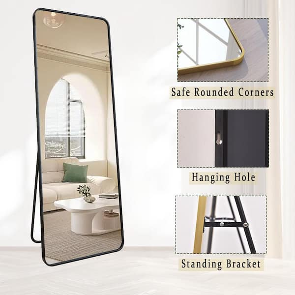 20 in. W x 64 in. H Rectangular Modern Black Aluminum Alloy Framed Rounded Full Length Mirror Standing Floor Mirror