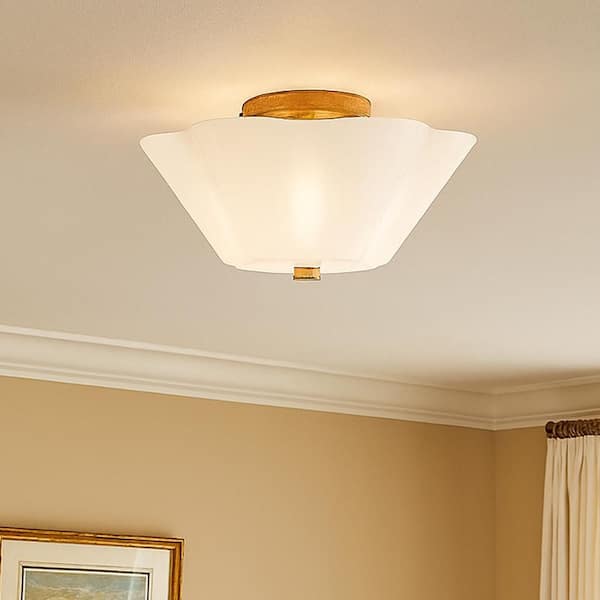 Honey 15.0 in. 3 Light Distressed Brass Semi-Flush Mount with Shade