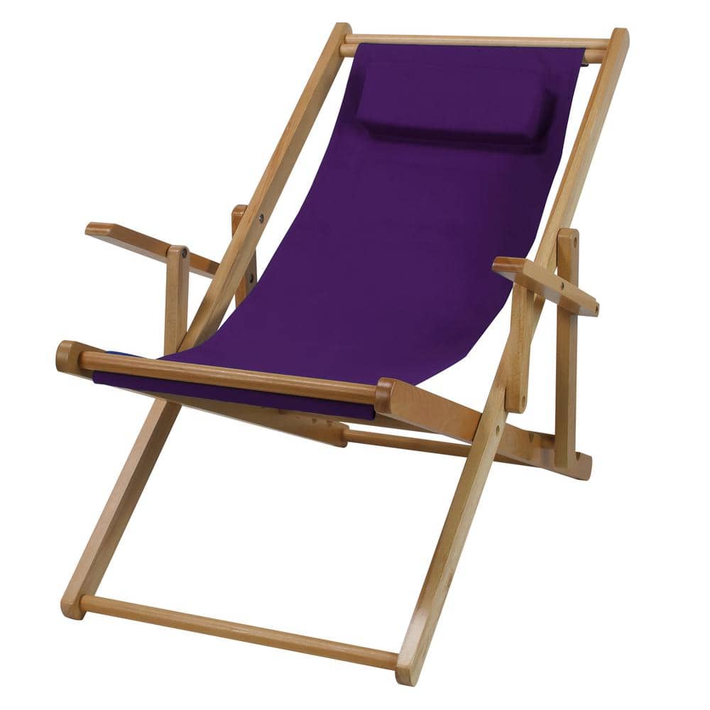 Purple canvas sling chair with a natural wood frame, viewed from a 3/4 angle.