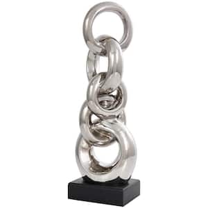 17 in. Silver Ceramic Stacked Chain Link Abstract Sculpture with Black Block Base