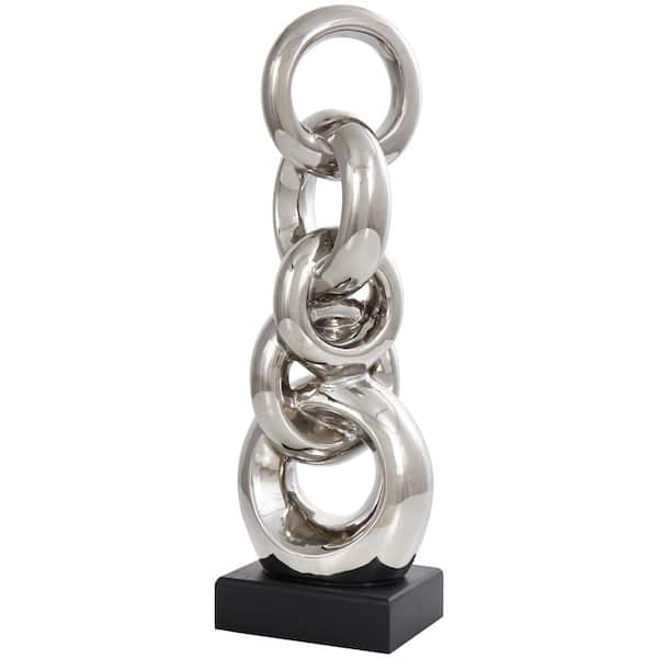 Litton Lane 17 in. Silver Ceramic Stacked Chain Link Abstract Sculpture with Black Block Base