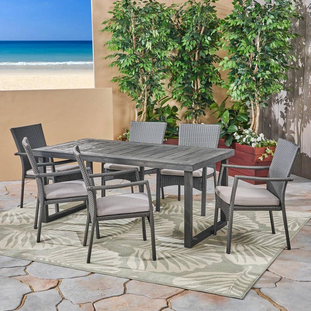 Sandblast Dark Grey 7-Piece Acacia Wood Dining Set with Cushions