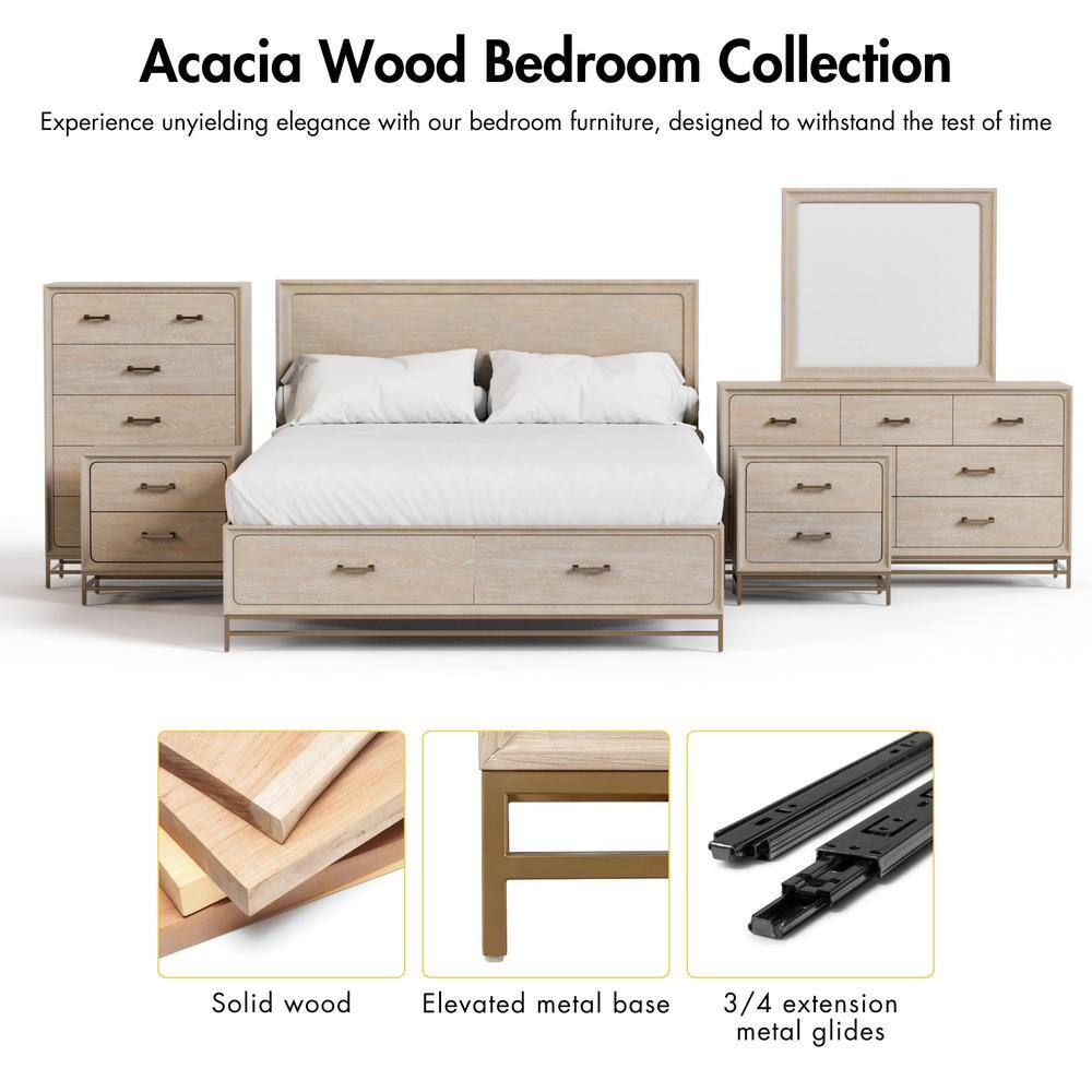 Oak and Metal 2-Drawer Nightstand with Brass Handles