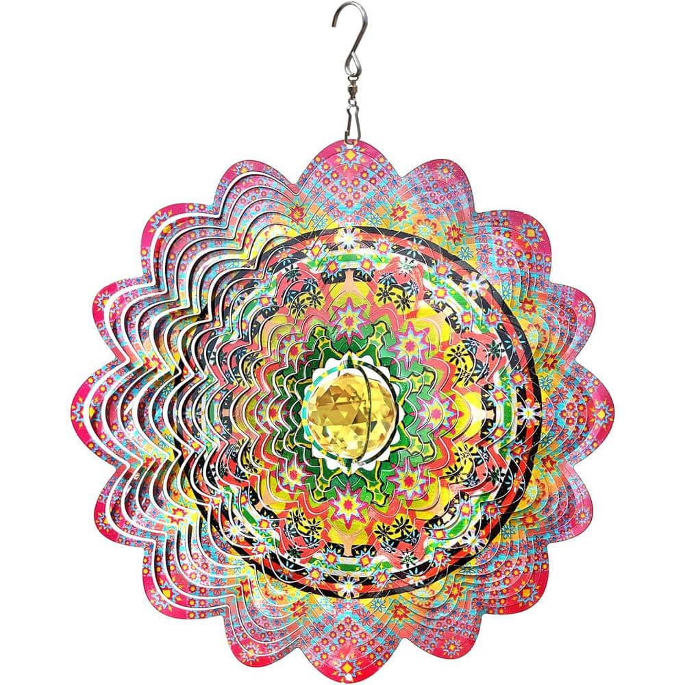 Mandala Wind Spinner with Crystal Ball Romatic Flower 3D Stainless Steel Ha