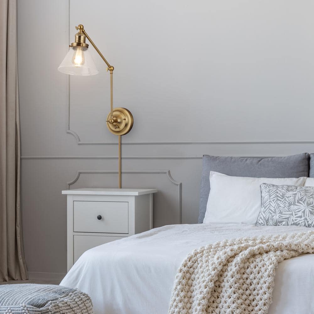 Satin Gold Swing Arm Wall Sconce with Clear Glass Shade