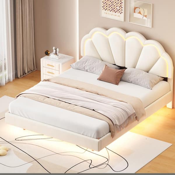 Beige Wood Frame Velvet Queen Platform Bed with LED Flowers Velvet Headboard Wooden Slats Upholstered Bed Frame