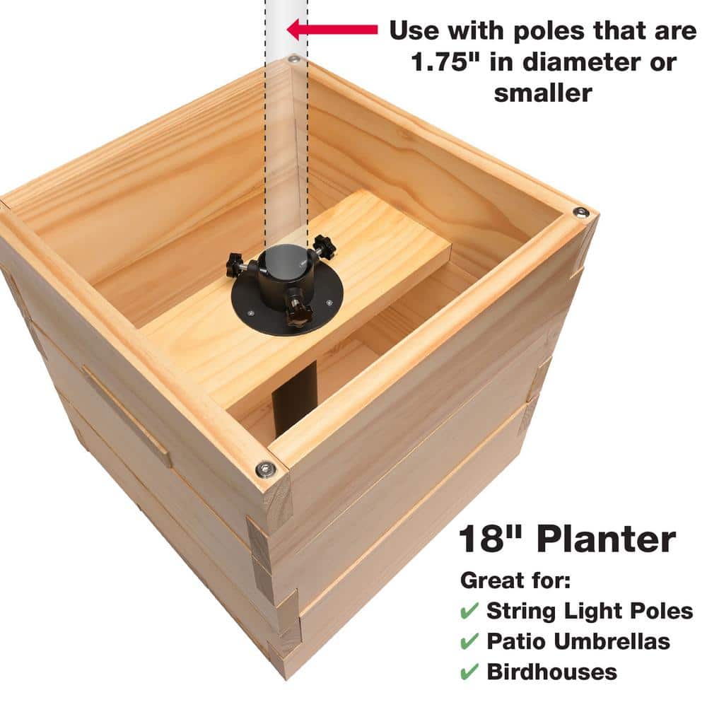 18" Square Natural Wood Outdoor Planter Box with Universal Pole Support