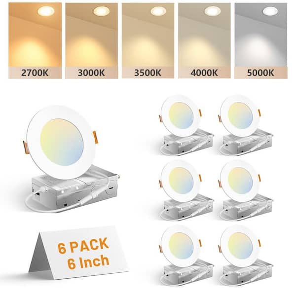 Amico 4 in. Adjustable 5CCT 6-Pack Canless LED Recessed Ceiling Light 1050 LM Brightness Dimmable 12W
