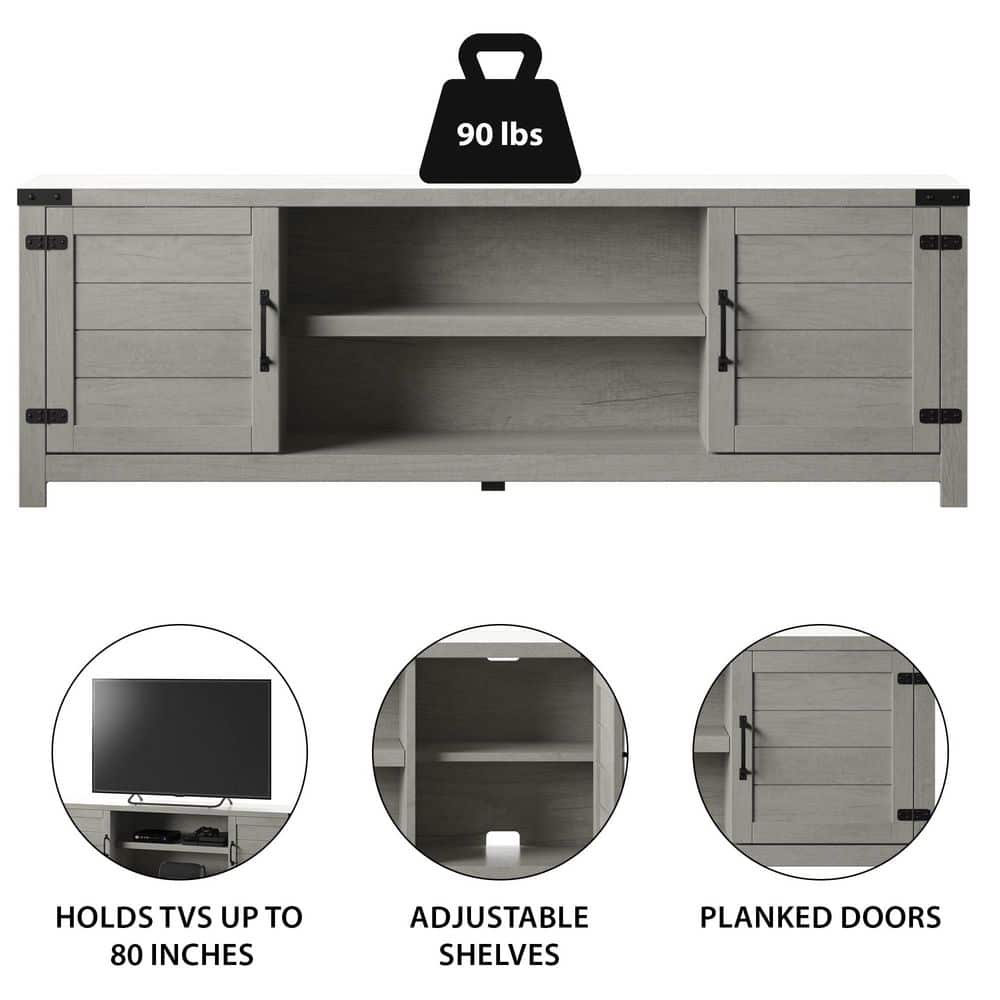 Gray Oak 70" TV Stand with Cabinets and Adjustable Shelves