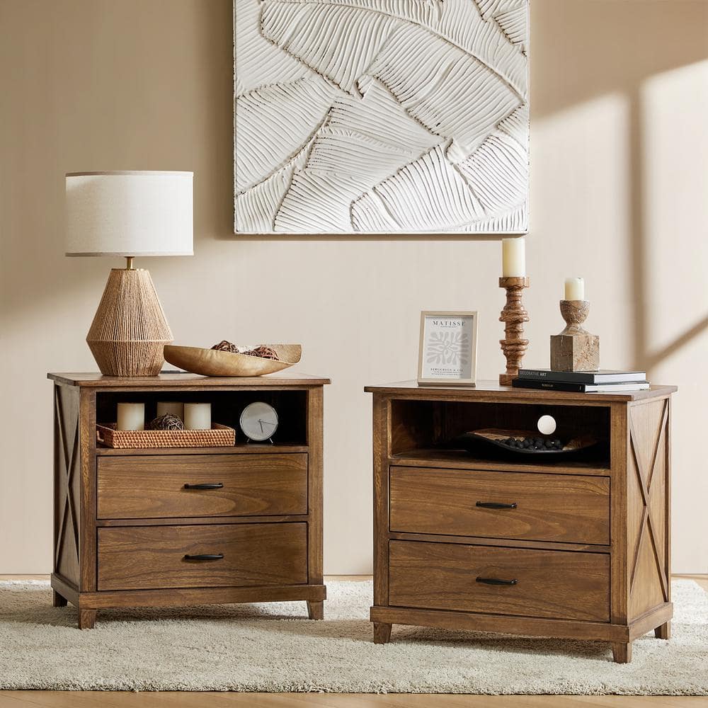 JAYDEN CREATION Martin Walnut Solid Wood 2-Drawer Nightstand with