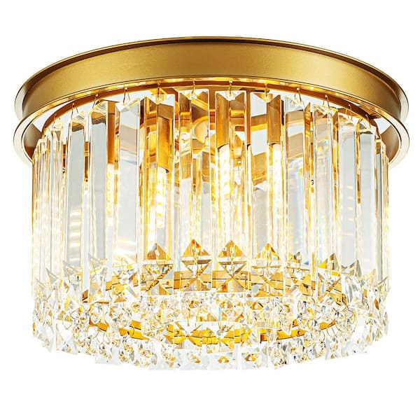 Sefinn Four 11.8 In. 4-Light Gold Finish Drum Style Flush Mount with Crystal Accents and No Bulbs Included