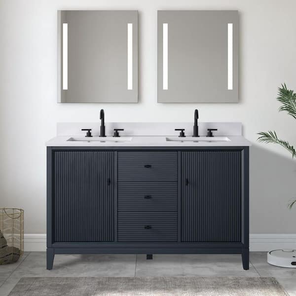 54 in. W x 22 in. D Double Sink Freestanding Vintage Spruce Blue Bath Vanity Cabinet with White Engineered Marble Top