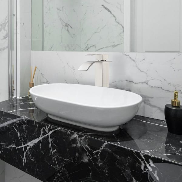 Waterfall Single-Handle Single Hole Bathroom Faucet with Deckplate Pop-up Drain Included and High-Body in Nickel