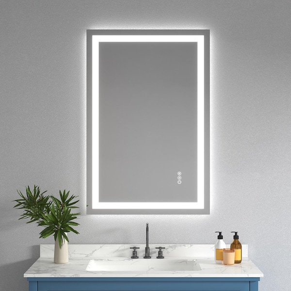 WOODSAM 24 in. W x 36 in. H Rectangular Frameless LED Anti-Fog Wall Bathroom Vanity Mirror, Tempered Glass Backlit Front Light