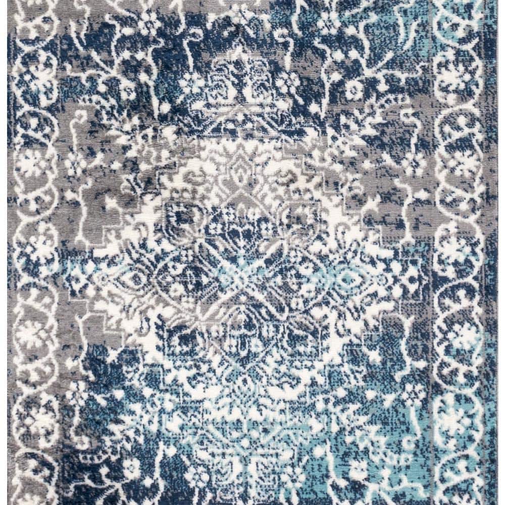 Navy and Light Grey Medallion Synthetic Runner Rug