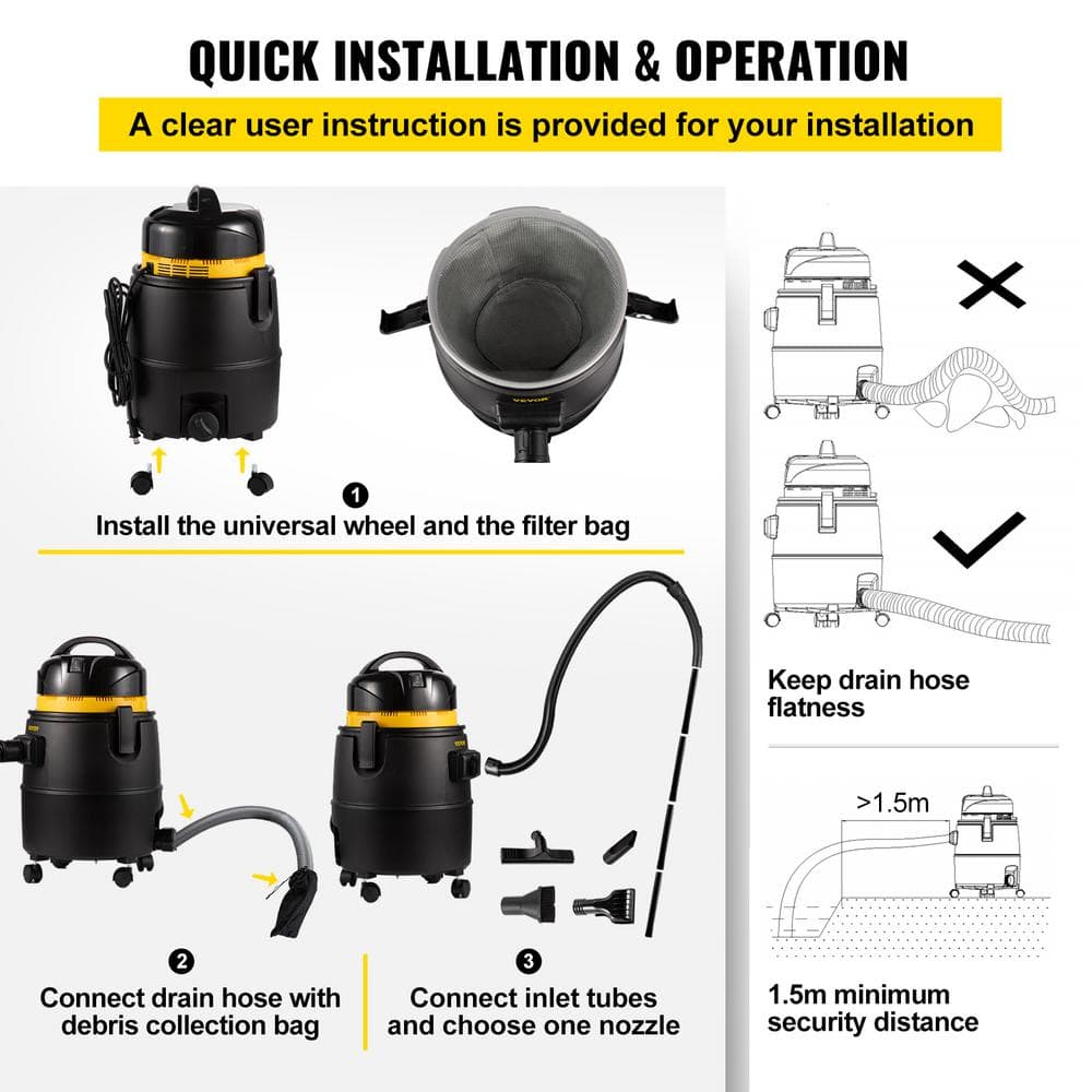 VEVOR 1400W Black and Yellow Pond Vacuum Cleaner with Accessories