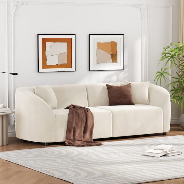 Nymora 87.25 in. Modern 3-Seater Rolled Arm Velvet Upholstered Curved Sofa with Pillows, in Beige