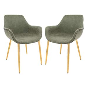 Markley Modern Leather Dining Arm Chair With Gold Metal Legs Set of 2 in Olive Green