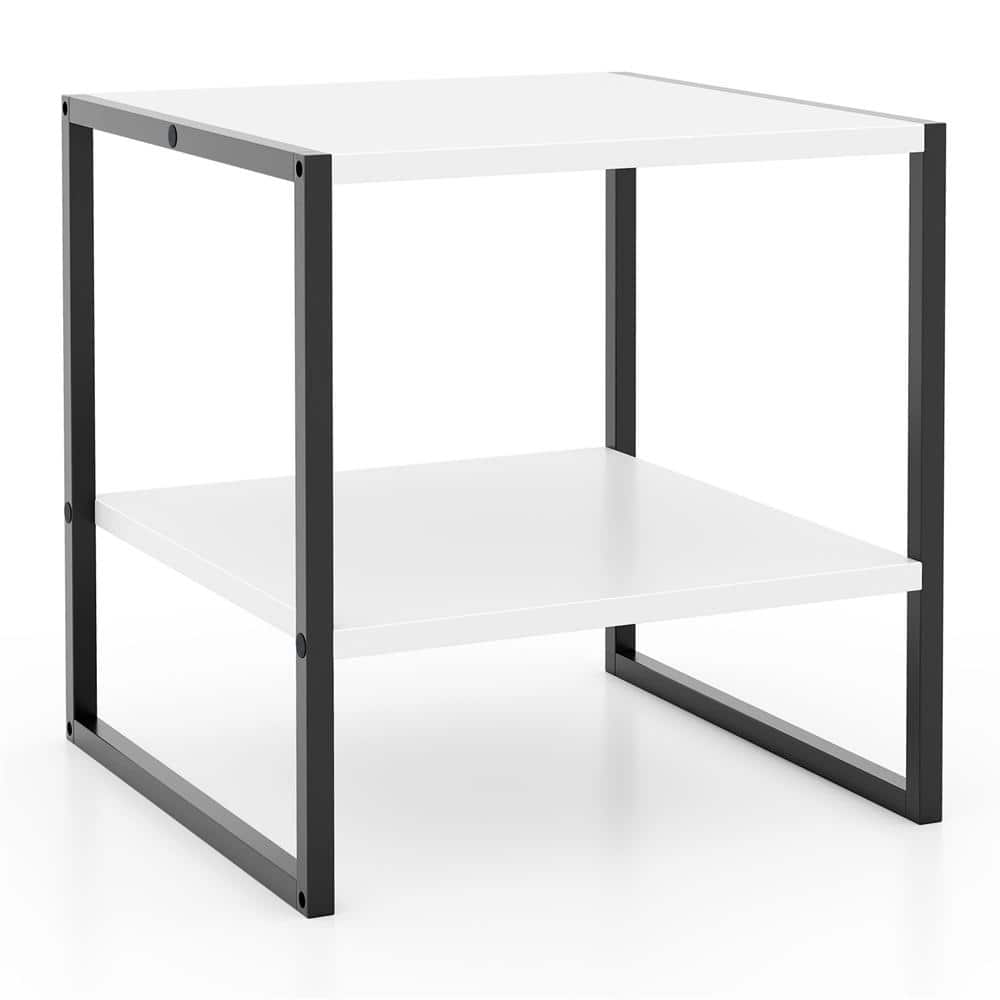 20 in. White Square Wood Top End Table with Adjustable Storage Shelf Sturdy Metal Frame Modern Nightstand