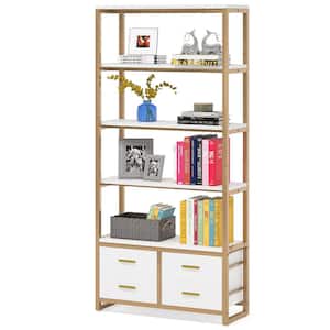 Earlimart 70.9 in White Gold Bookcase, 5-Tier Etagere Bookshelf with 4 Drawers, Living Room