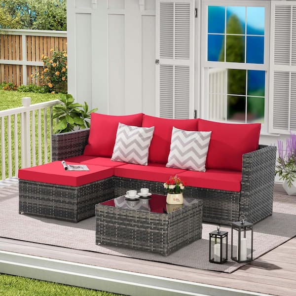 SereneVita 2-Piece Wicker Patio Furniture Set with Red Cushions, Manual Weaving Wicker Rattan Patio Seating Sofas with Glass Table