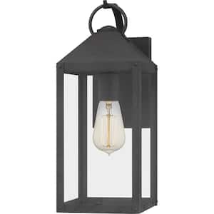 Thorpe 6 in. 1-Light Mottled Black Outdoor Wall Lantern Sconce with Clear Tempered Glass
