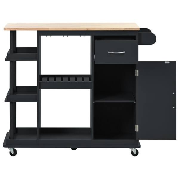 tunuo Black Rubber Wood 40  in.. Kitchen Island With Drawer And W in.e Glass Holder, With Towel Rack And Adjustable Shelves