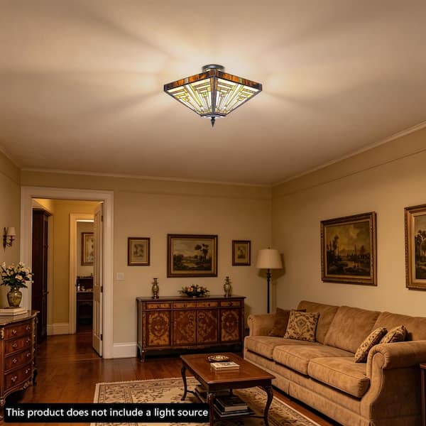 OUKANING 13.78 in. 2-Light Vintage Elegant Multi-Colored Stained