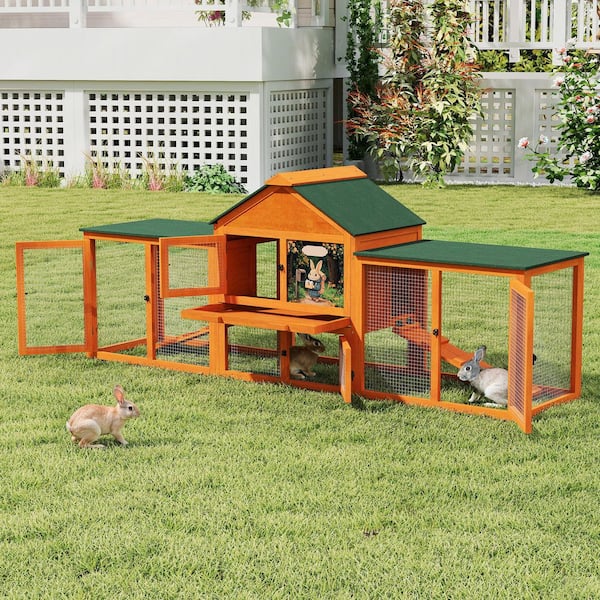 2-Story Rabbit House Pet Hutch with Ramps for Backyard Orange