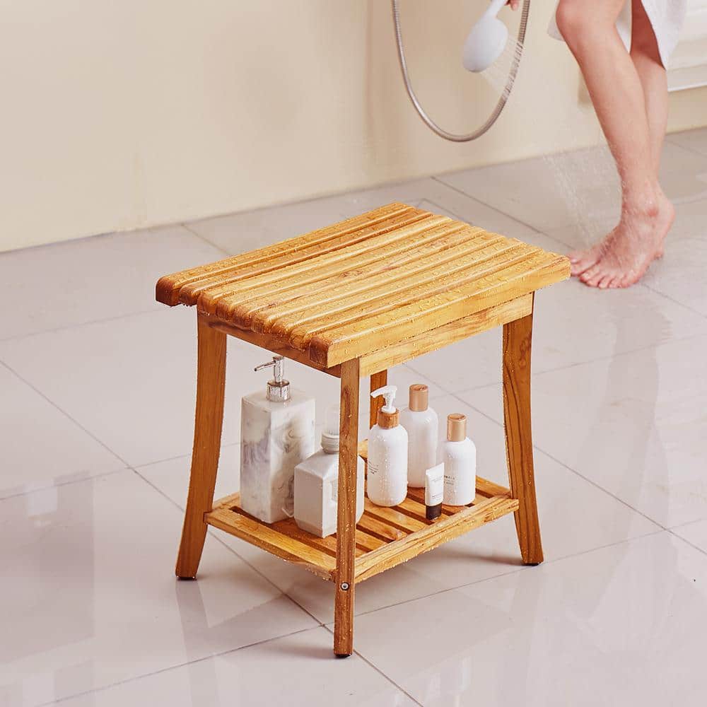 Teak Wood Shower Bench with Storage Shelf and Non-Slip Pads
