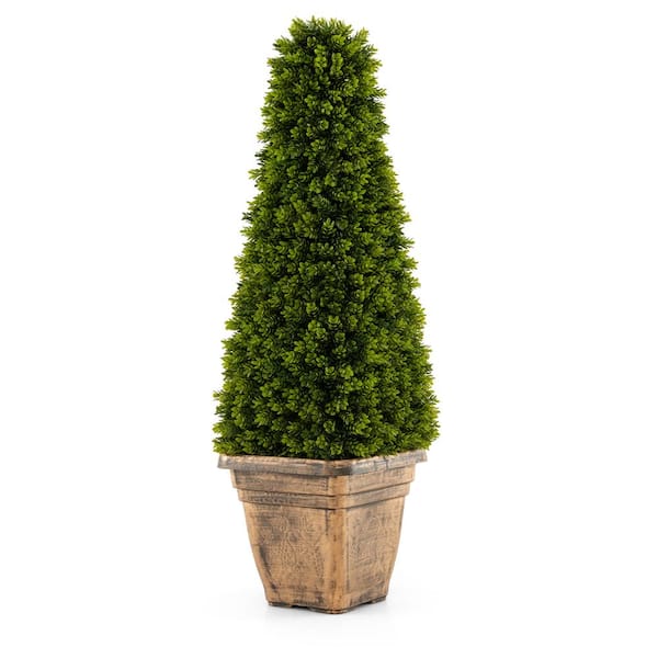 35 in. Green Artificial Boxwood Topiary Tree with Cement Flowerpot