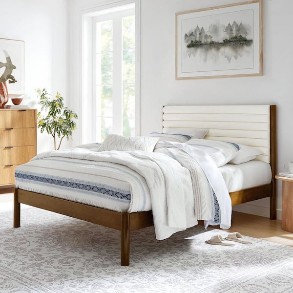 MODWAY Olea Feather Walnut Brown Solid Wood Frame Full Platform Bed with Channel Tufted Boucle Fabric Headboard