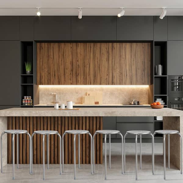 17.5 in. Grey Stackable Metal Bar Stool Set Daisy Backless Round Top Kitchen Set of 6