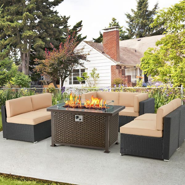 AECOJOY Brown 7-Piece Wicker Patio Conversation Set Firepit Outdoor Sectionals with Beige Cushions