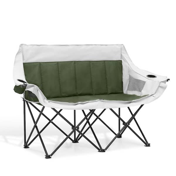 Collapsible Double Camping Loveseat Chair Outdoor Beach Lawn Picnic Hiking Travel Portable (Dark Green and Light Gray)