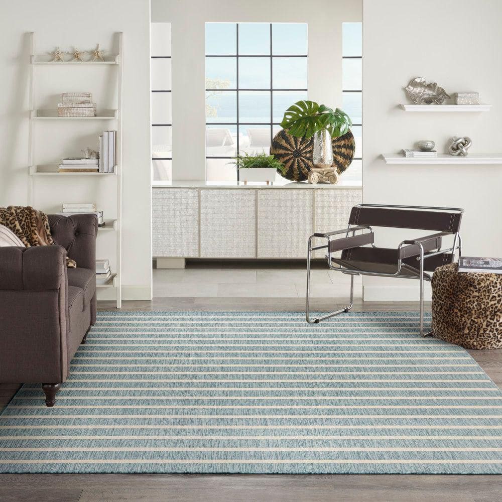 Aqua Ivory 8' x 10' Striped Synthetic Flatweave Rug