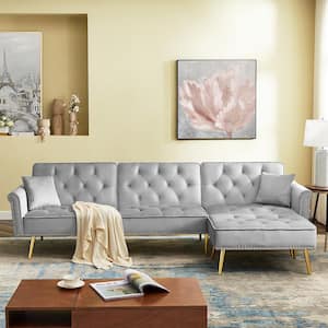 110 in. W 2-piece Velvet Reversible Sectional Sofa Bed, L-Shaped Couch with Movable Ottoman in Light Gray